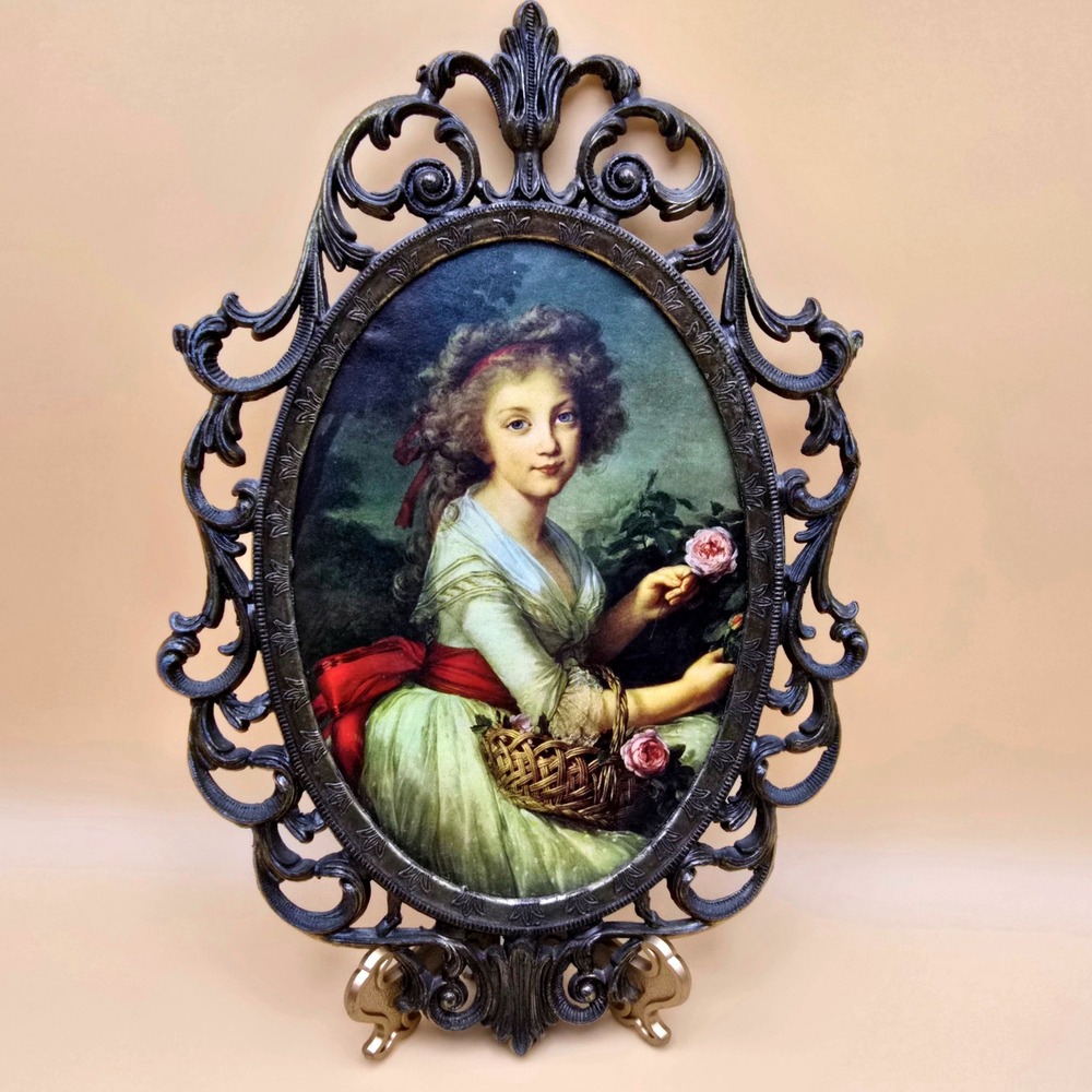 Vintage Made in Italy Ornate Metal‎ Oval Frame Portrait Print Girl Flower Basket